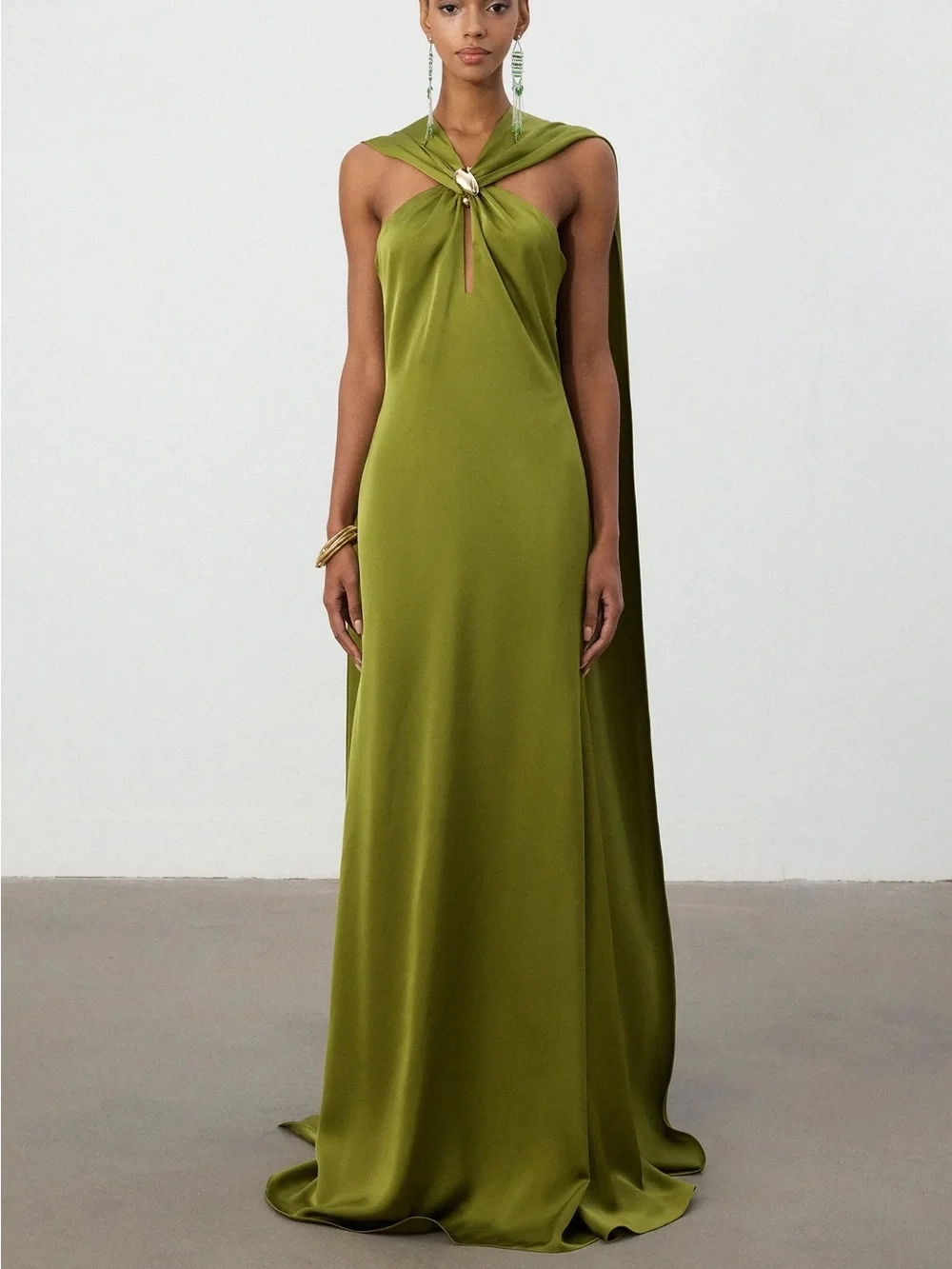 Skye and Iris Olive Green Satin Cape Column Gown - Picture 1 of 3